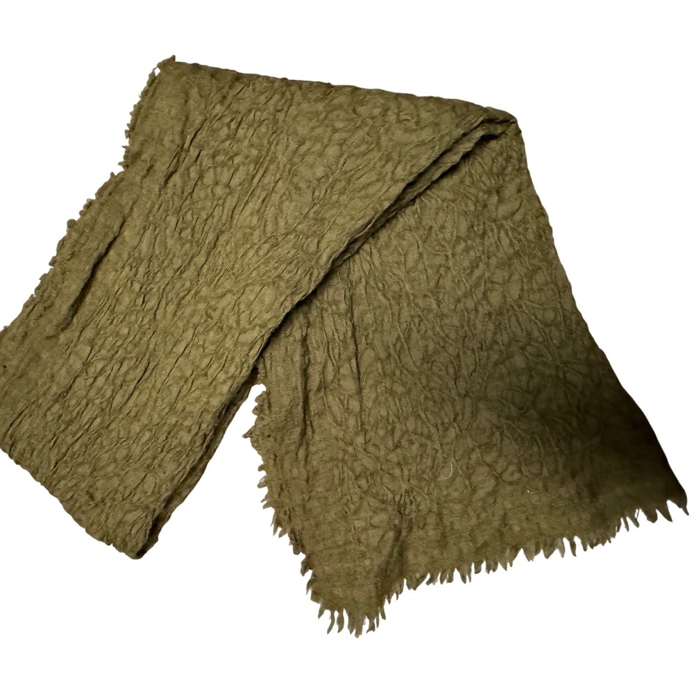 Eileen Fisher Olive Green 100% Wool Crinkle Textured Scarf Eyelash Fringe O/S